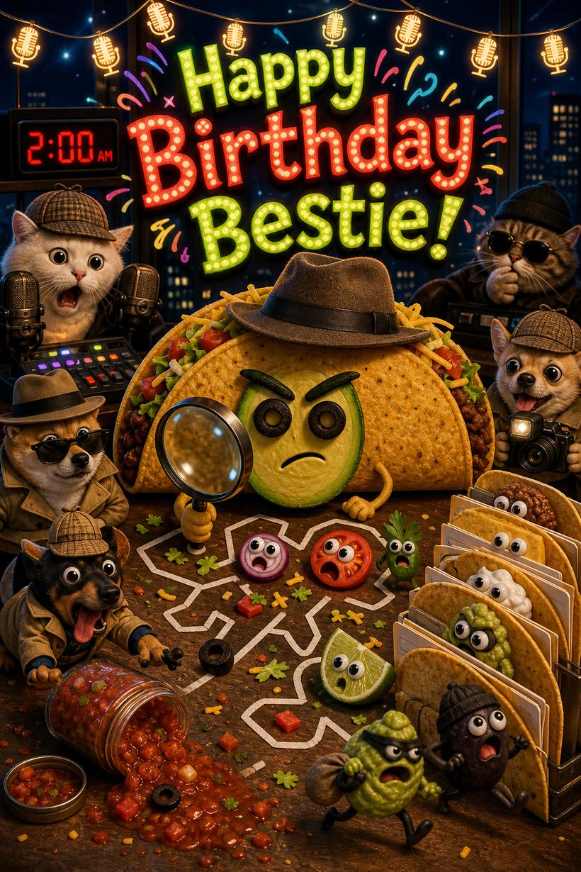 AI greeting card - Happy Birthday Bestie, taco detective party scene