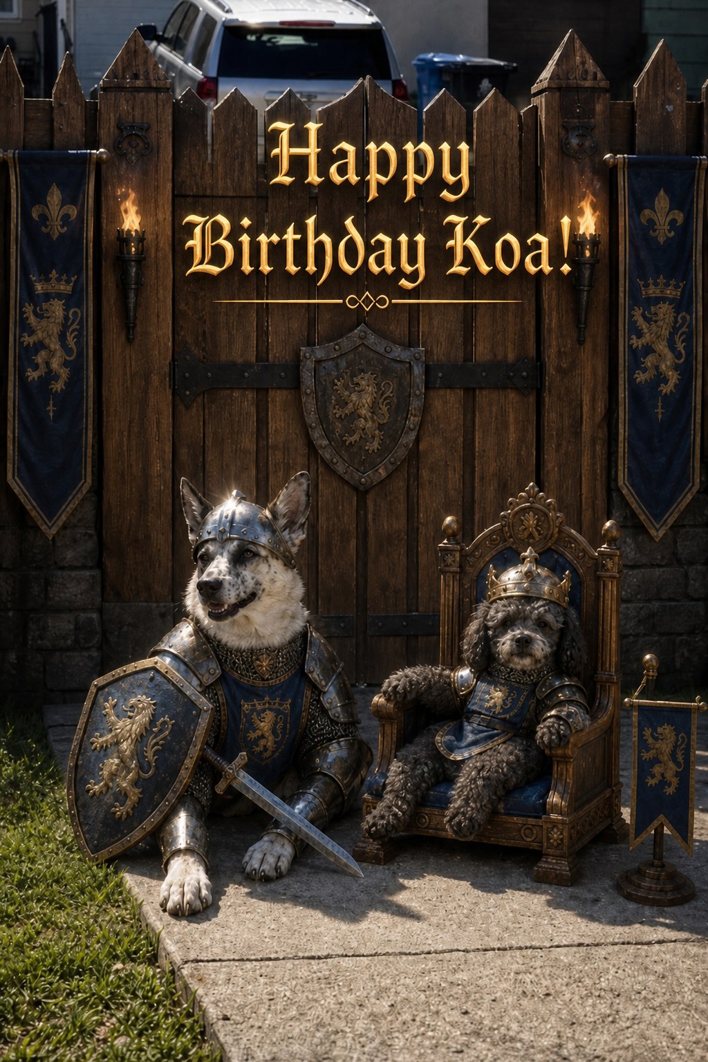 AI greeting card - Happy Birthday Koa, two dogs as medieval knights scene