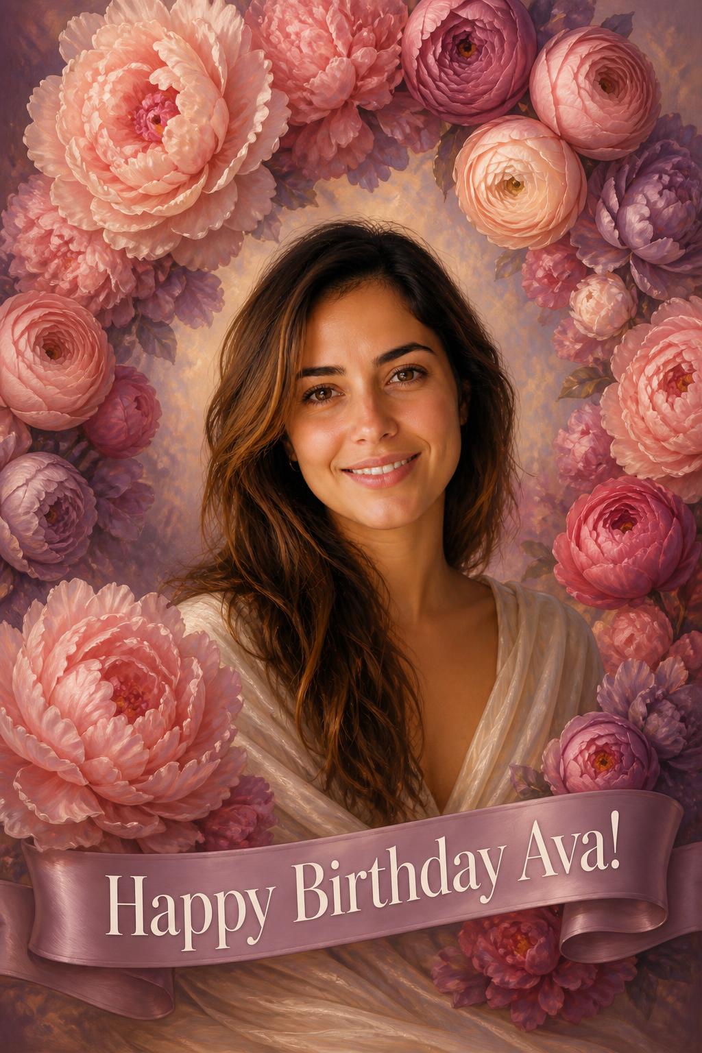 The premium face option: her portrait painted into an arch of the same peonies in her bouquet