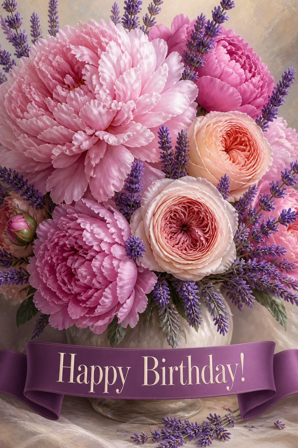 Flowers-only card: an AI-painted arrangement of peonies, garden roses, and lavender, the default card a flower shop sells
