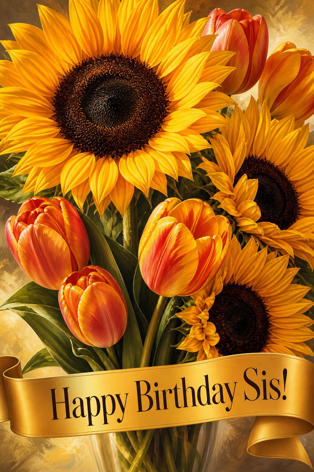 Flowers-only card: a golden still life of sunflowers and tulips, painted from scratch for one order