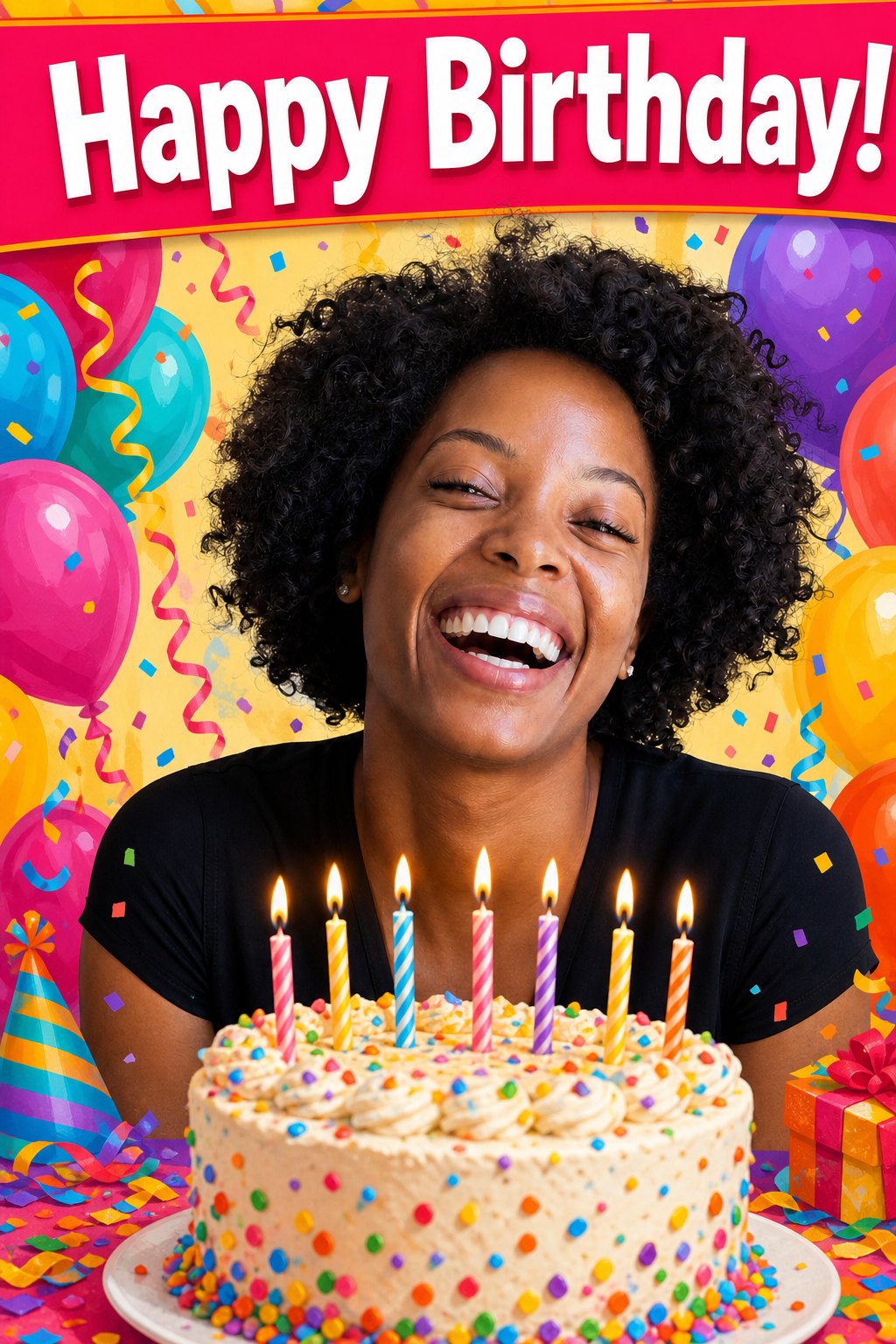 AI greeting card made from a photo of a real person - a bright, colorful party scene