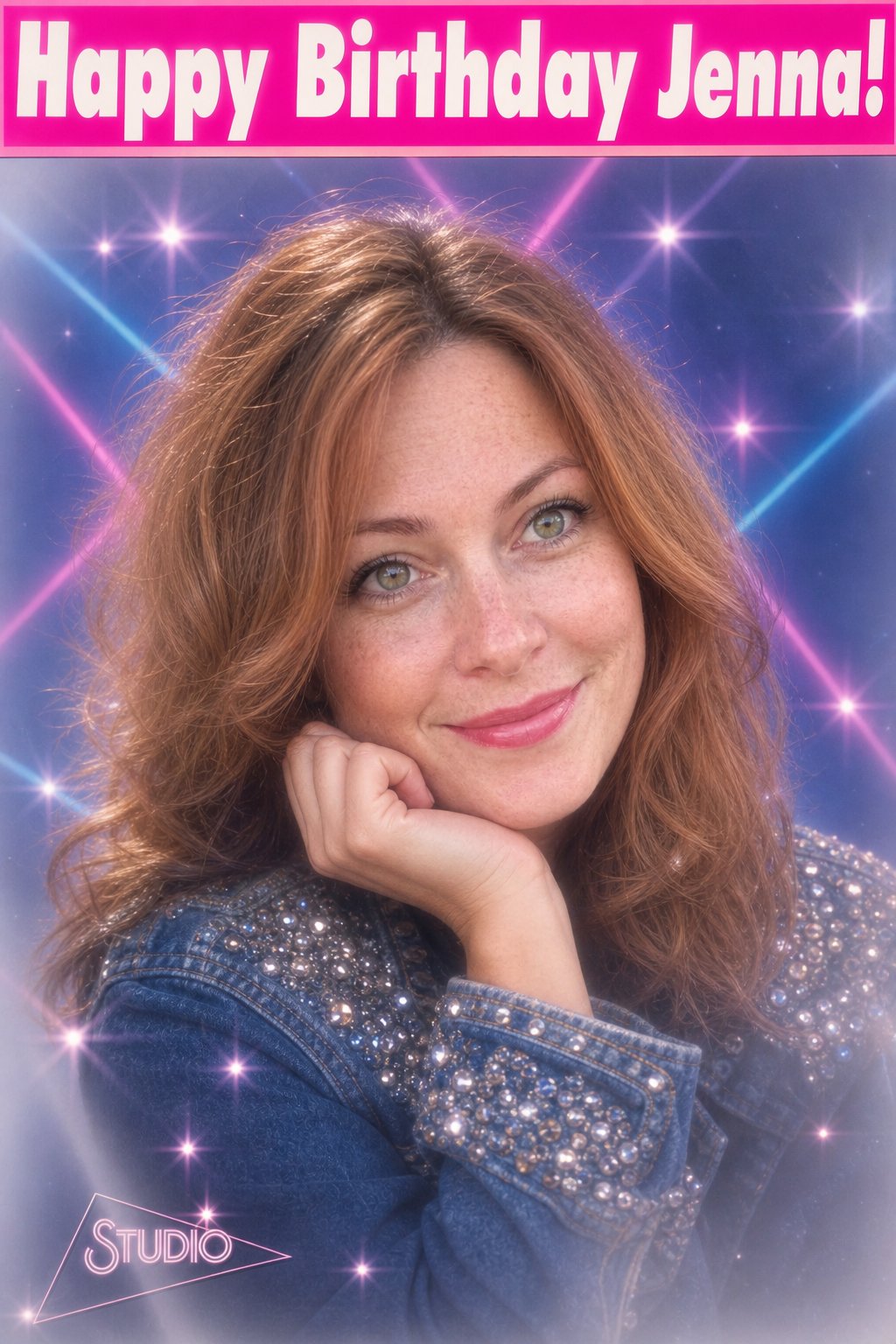 Funny AI greeting card made from a photo - a real person restyled as a cheesy 90s glamour shot