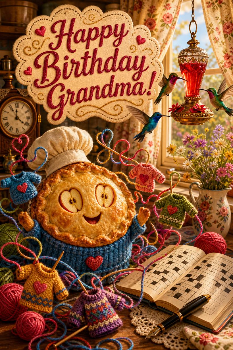 AI greeting card - Happy Birthday Grandma, baking and knitting scene