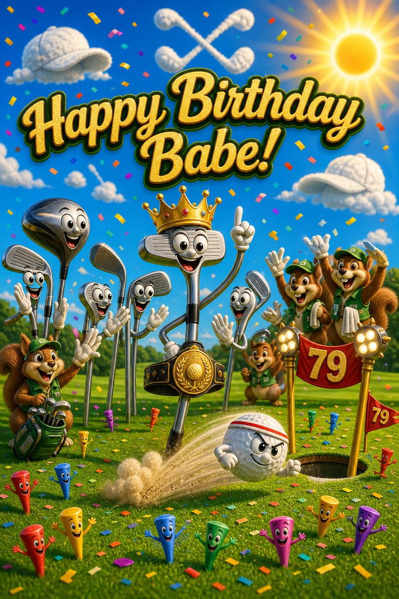 AI greeting card - Happy Birthday Babe, golf champion scene