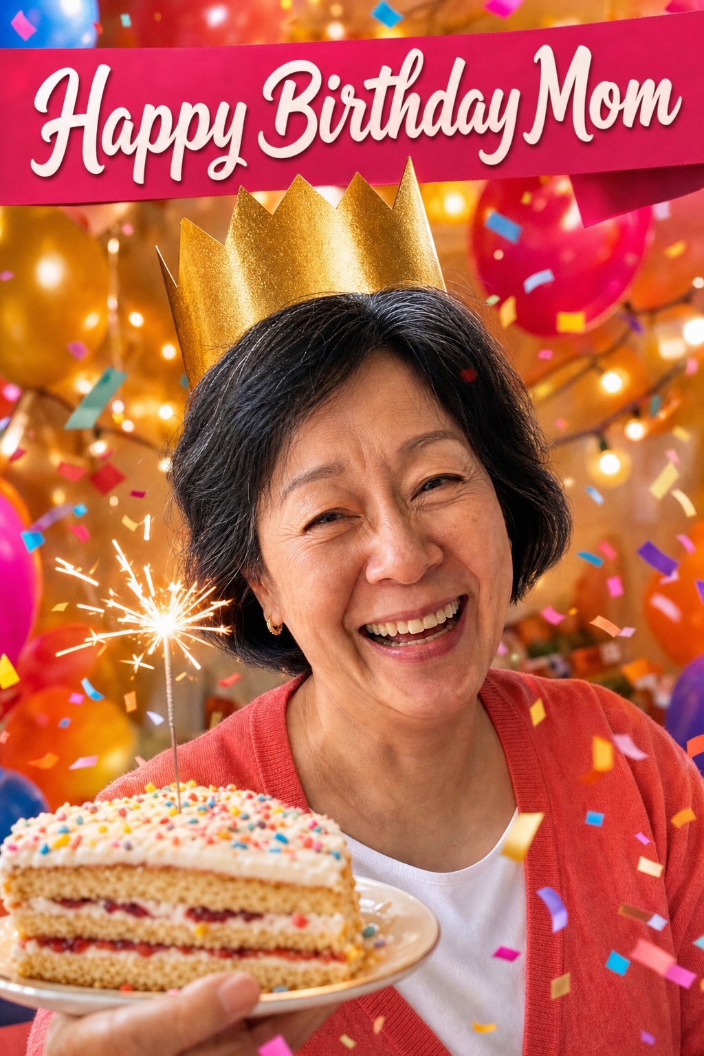 AI greeting card for mom made from her photo - party crown, confetti, and cake sparkler