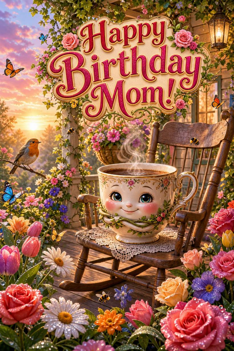 AI greeting card - Happy Birthday Mom, cozy garden teacup scene