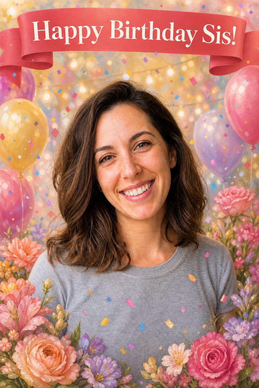 AI greeting card made from a photo of a real person - Happy Birthday Sis, festive confetti scene