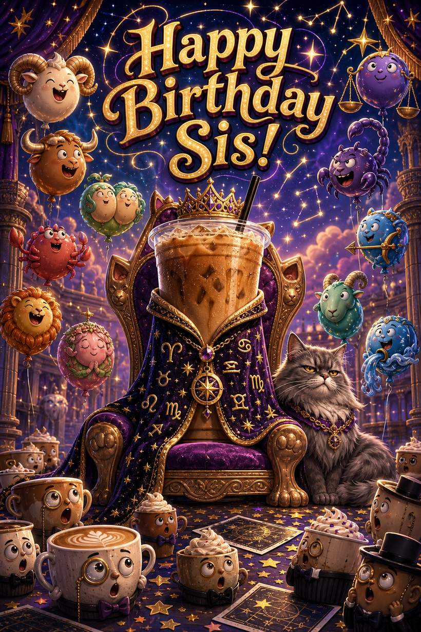 AI greeting card - Happy Birthday Sis, iced coffee zodiac scene