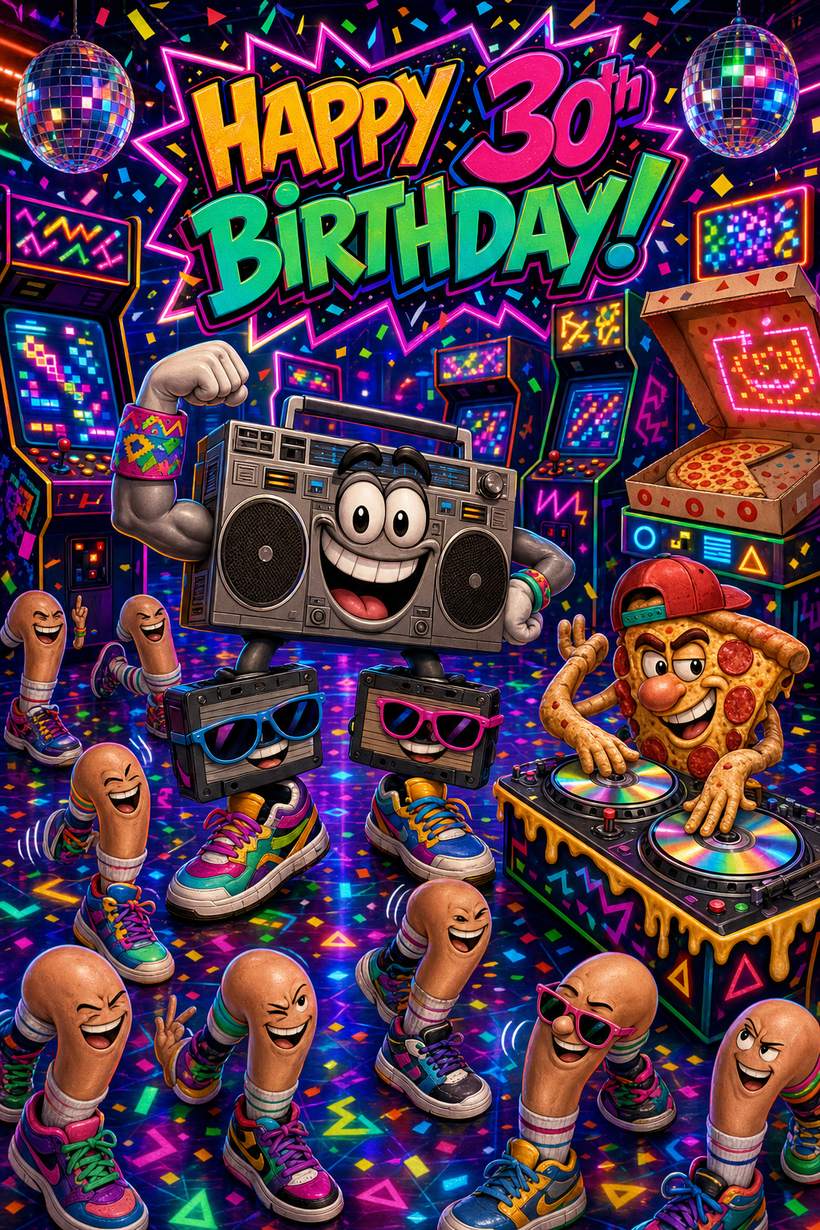 AI greeting card - Happy 30th Birthday, 90s arcade scene
