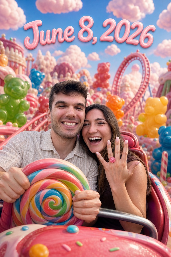 AI card - a couple in a candyland scene